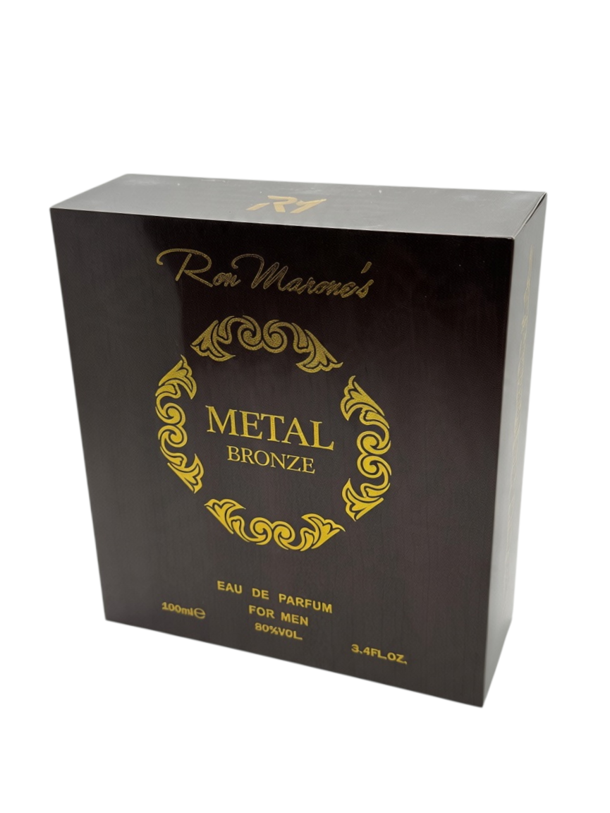 Aromisca Ron Marone's Metal Bronze men's eau de parfum spray in a dark brown box with gold ornate branding.