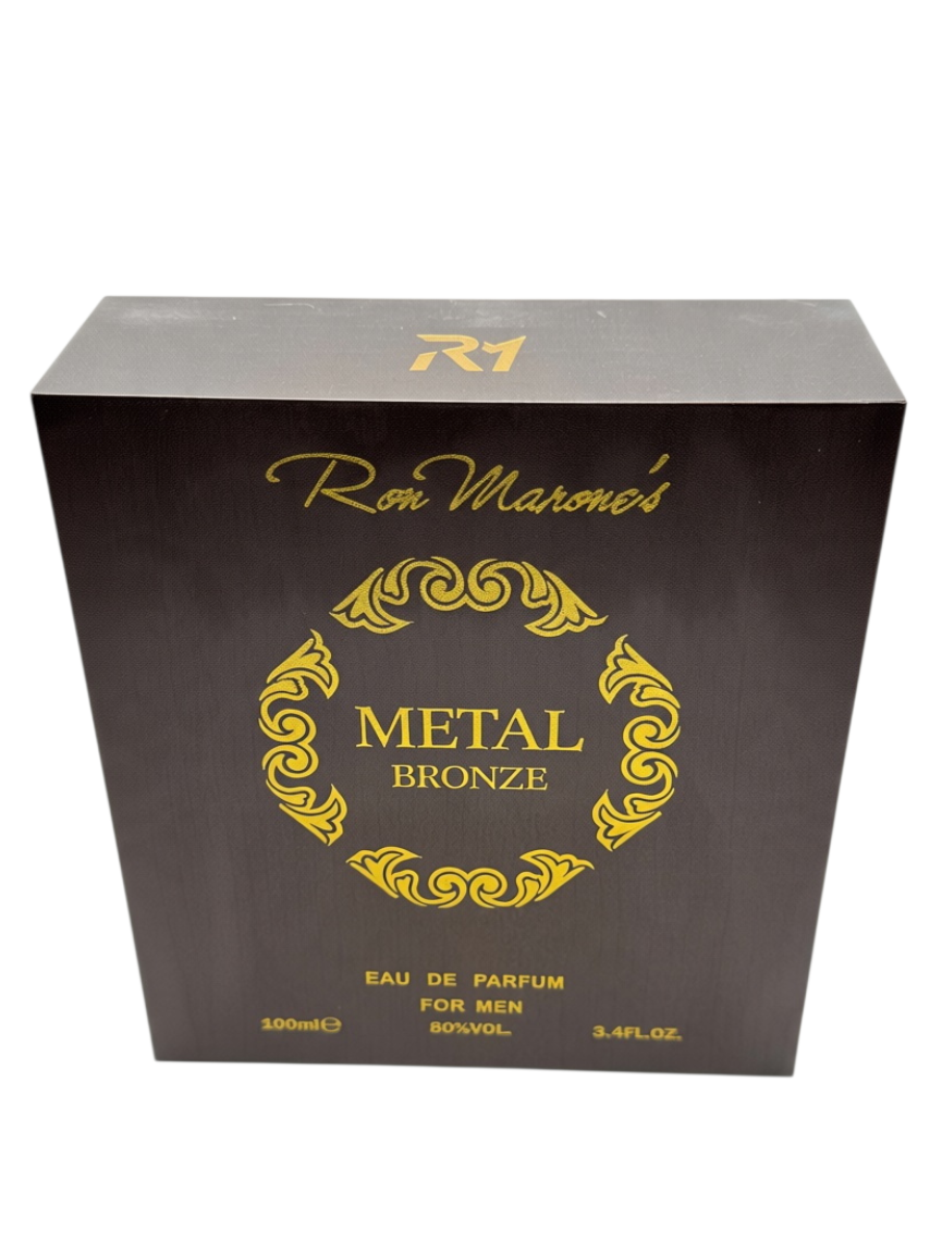 Aromisca Ron Marone's Metal Bronze men's eau de parfum spray box in dark brown with elegant gold lettering.