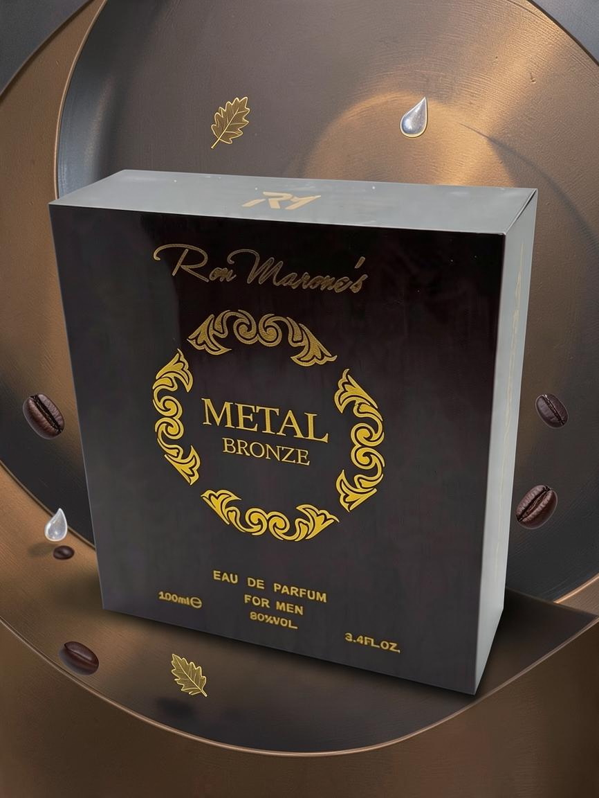 Aromisca Ron Marone's Metal Bronze men's eau de parfum spray box in dark brown with elegant gold lettering.