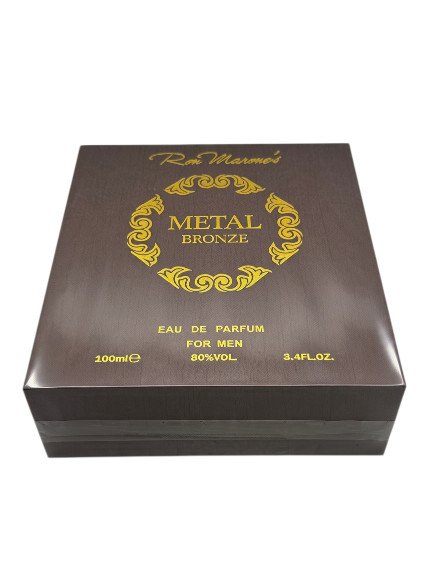 Aromisca Ron Marone's Metal Bronze men's eau de parfum 3.4 oz cologne box in a dark brown and gold finish.