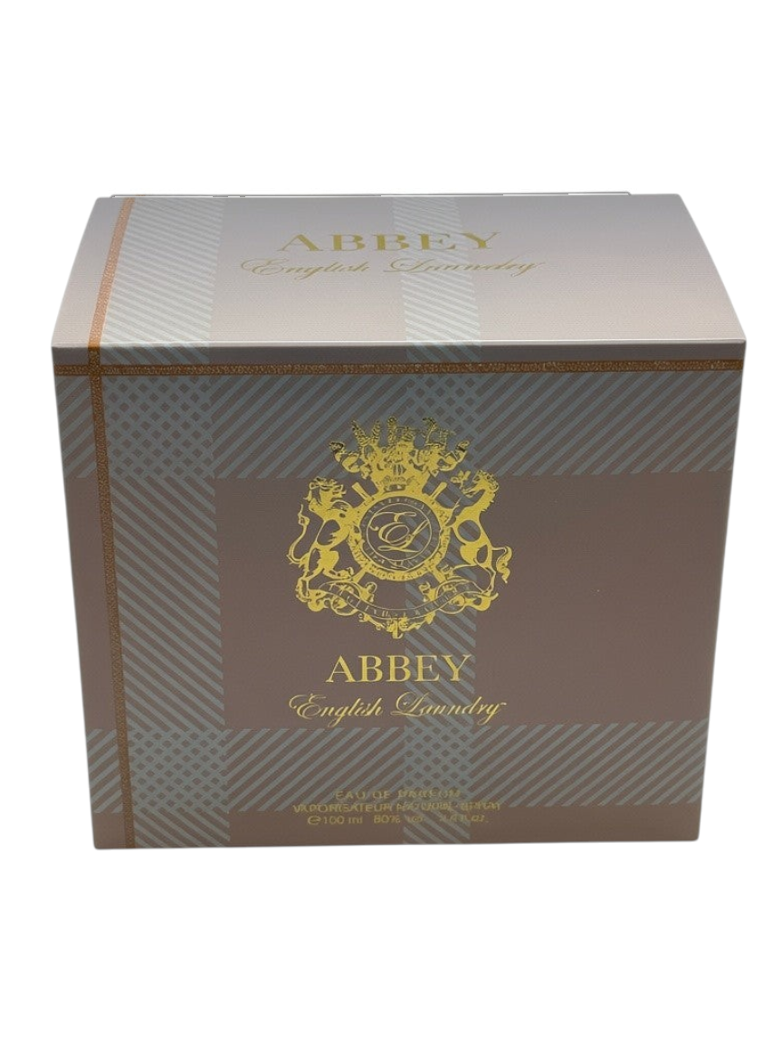 Paradime Enterprise LLC Abbey by English Laundry perfume box in taupe with a gold crest and plaid pattern.