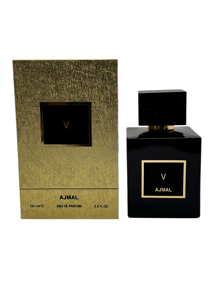 Paradime Enterprise LLC Ajmal Gold Collection V unisex eau de parfum bottle and textured gold box packaging.