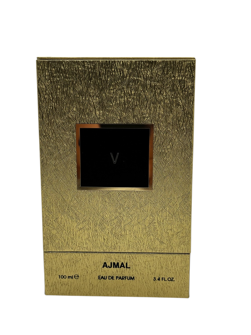 Paradime Enterprise LLC Ajmal Gold Collection V unisex eau de parfum 100ml in a textured gold box with black square.