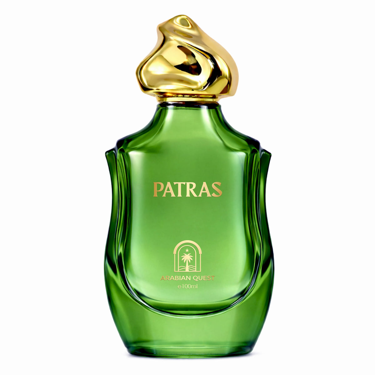 Paradime Enterprise LLC Arabian Quest Patras unisex extrait de parfum in a green glass bottle with a gold cap.