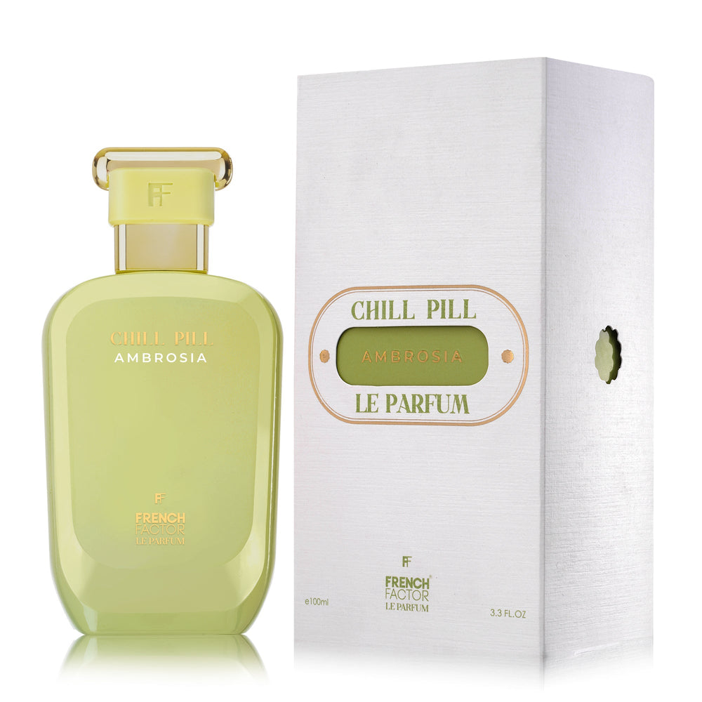Paradime Enterprise LLC Chill Pill Ambrosia Le Parfum 100ml bottle and white textured box with gold lettering.