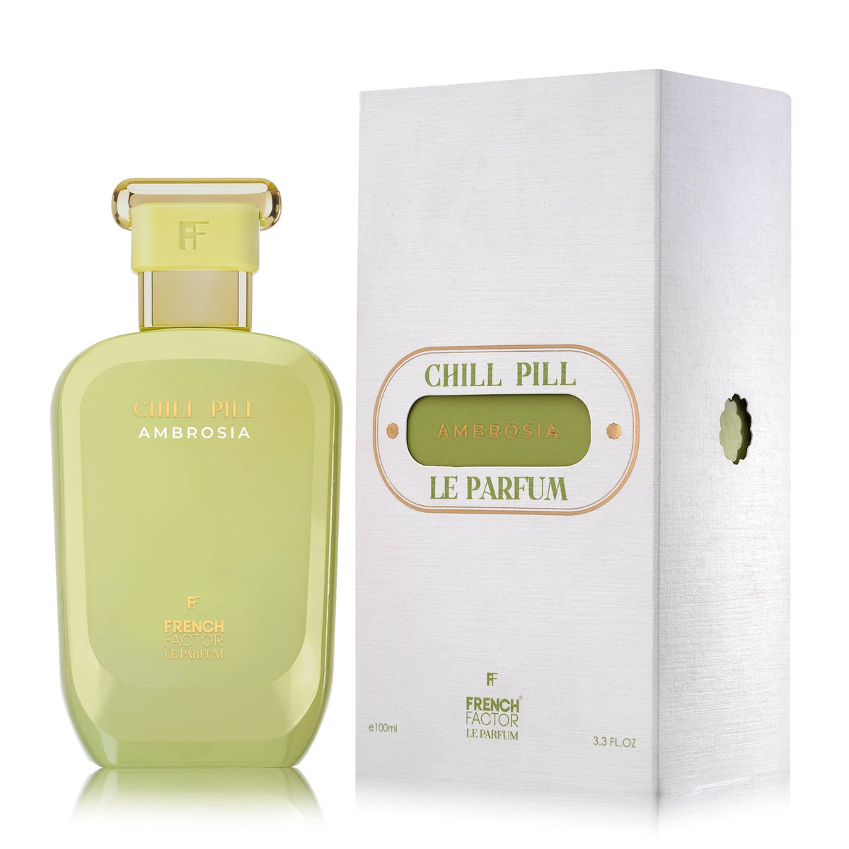 Paradime Enterprise LLC Chill Pill Ambrosia Le Parfum 100ml bottle and white textured box with gold lettering.