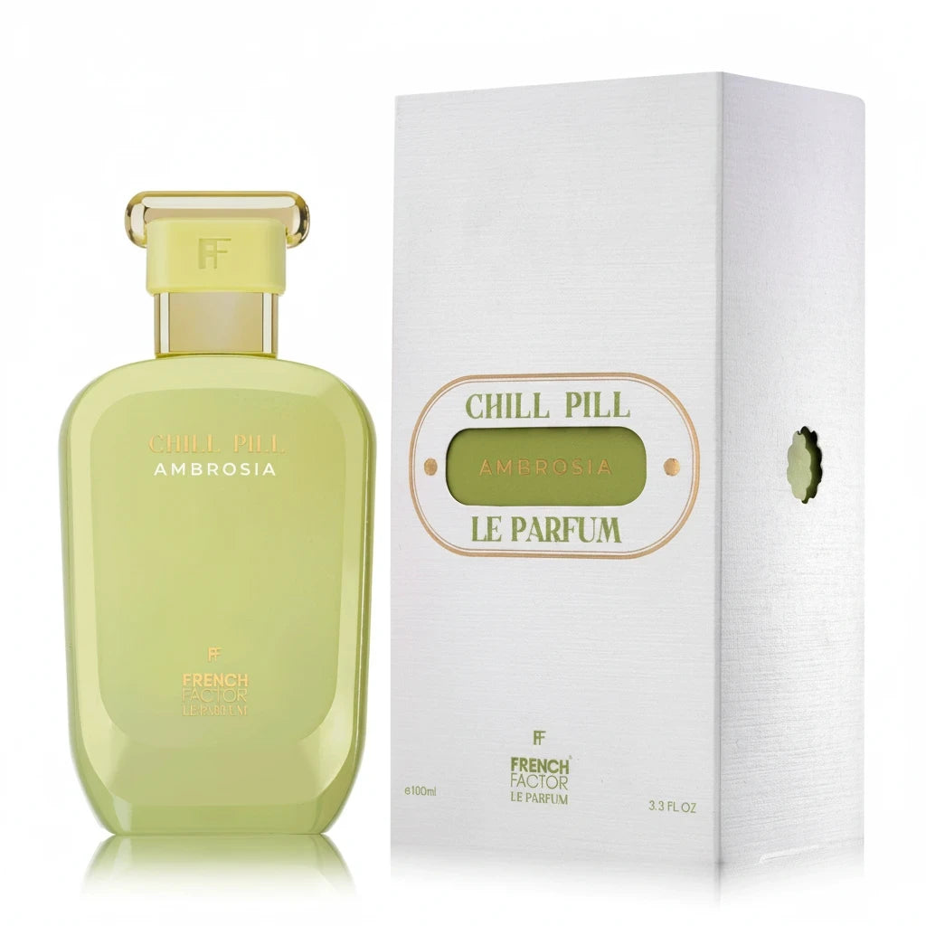 Paradime Enterprise LLC Chill Pill Ambrosia Le Parfum bottle and white box with yellow accents and tropical notes.