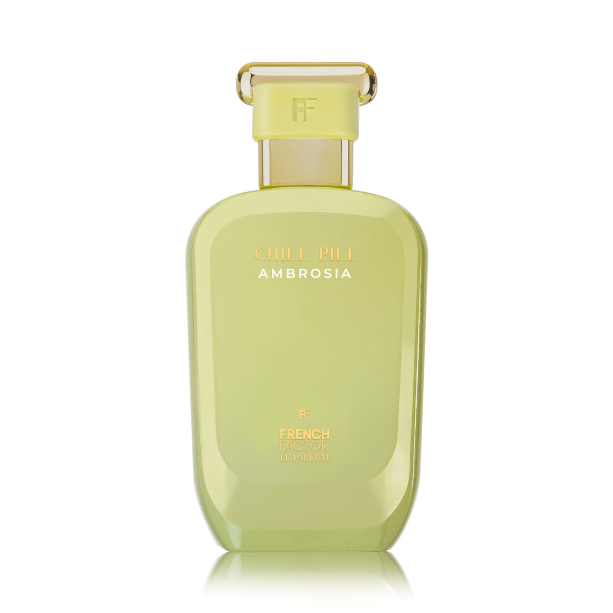 Paradime Enterprise LLC Chill Pill Ambrosia Le Parfum in a light green glass bottle with gold accents.