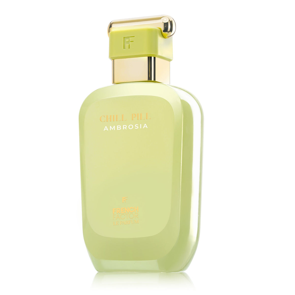 Paradime Enterprise LLC Chill Pill Ambrosia Le Parfum in a light yellow glass bottle with a gold cap.