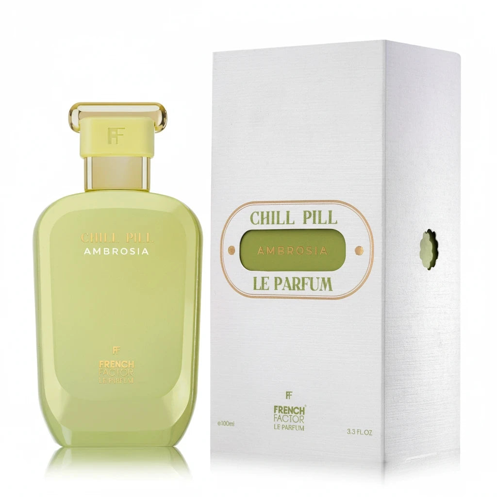 Paradime Enterprise LLC Chill Pill Ambrosia Le Parfum 100ml bottle and white box with yellow accents and tropical scent.