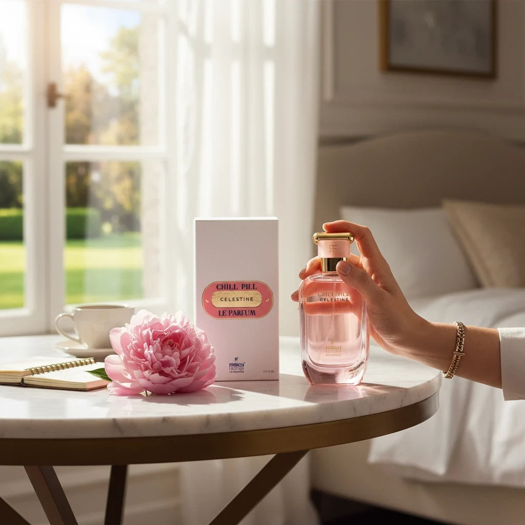 Paradime Enterprise LLC Chill Pill Celestine Le Parfum bottle and box on a marble table with a pink peony flower