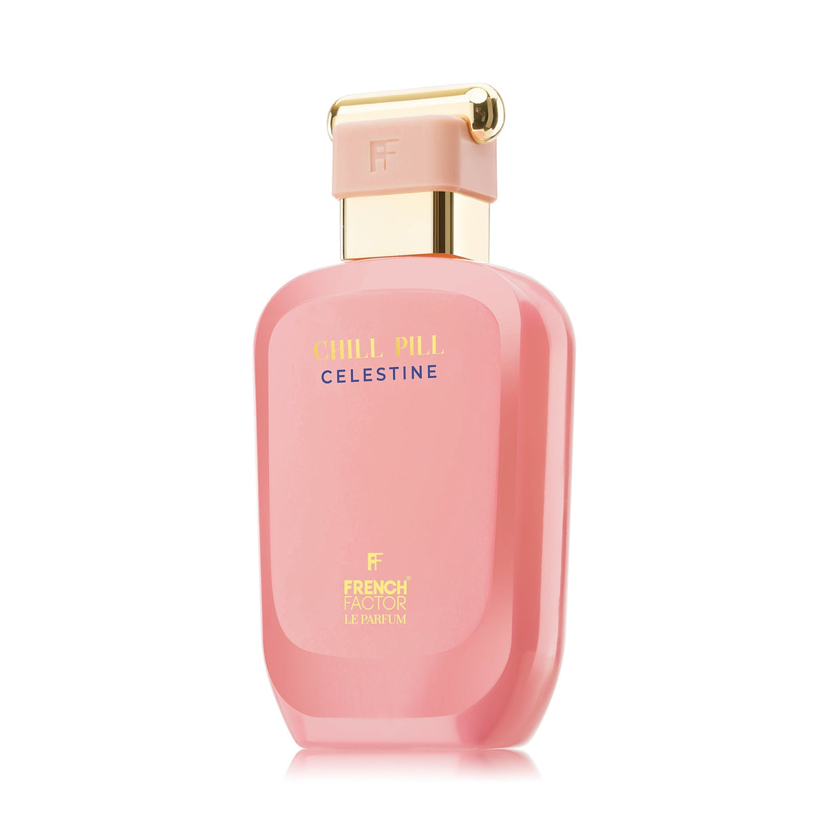 Paradime Enterprise LLC Chill Pill Celestine Le Parfum in a pink bottle with gold accents and floral vanilla scent.