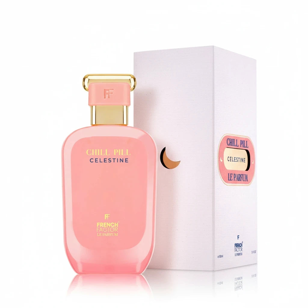 Paradime Enterprise LLC Chill Pill Celestine Le Parfum in a pink bottle with gold cap and matching white box.