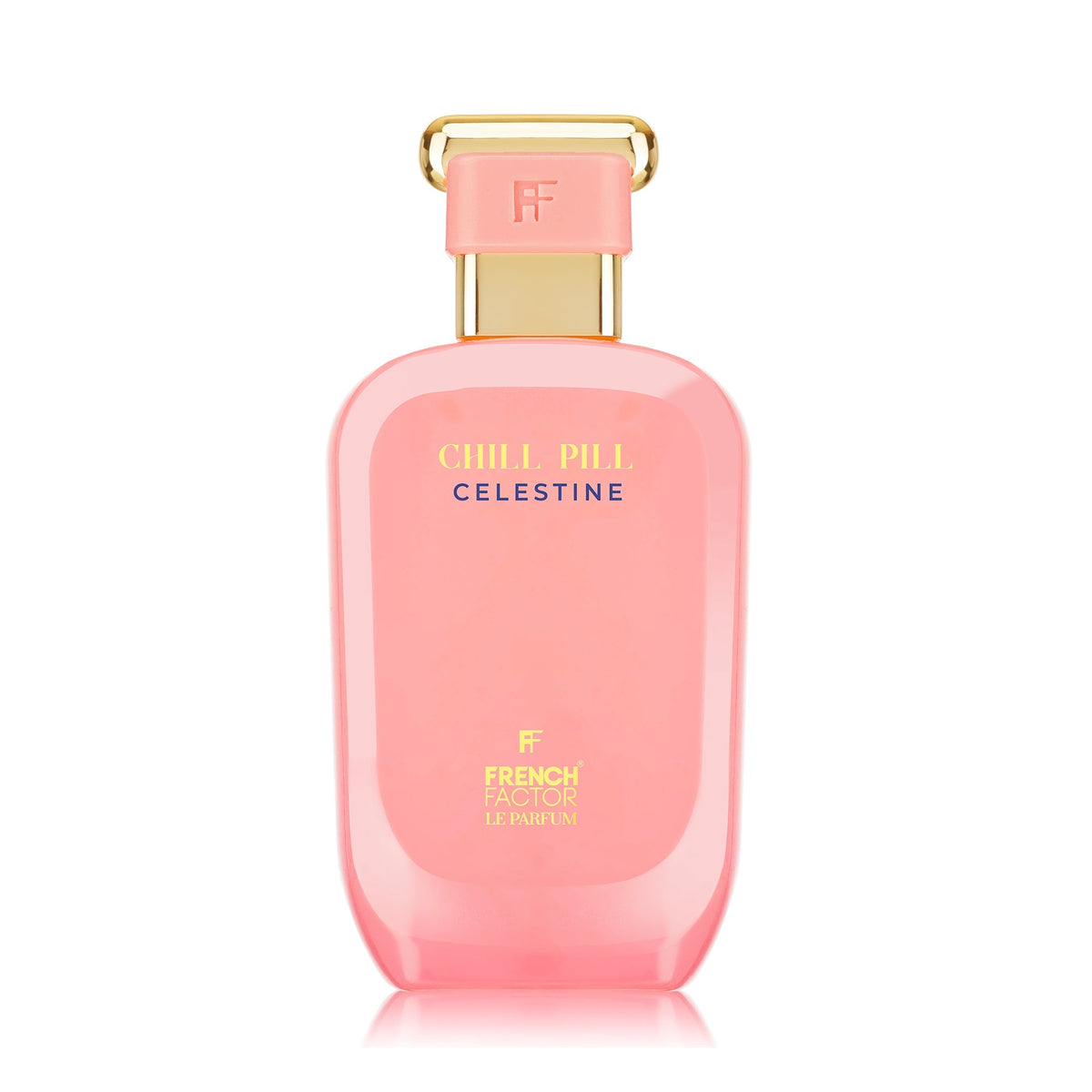 Paradime Enterprise LLC Chill Pill Celestine Le Parfum in a pink glass bottle with gold accents and a unique cap.
