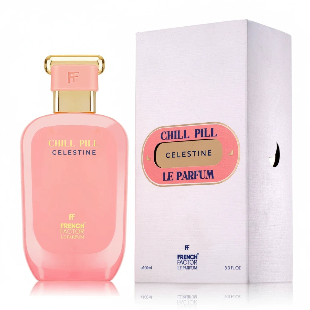 Paradime Enterprise LLC Chill Pill Celestine Le Parfum in a pink bottle with gold cap and matching white box packaging.