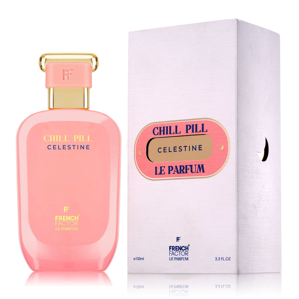 Paradime Enterprise LLC Chill Pill Celestine Le Parfum 100ml bottle and box with pink glass and gold accents