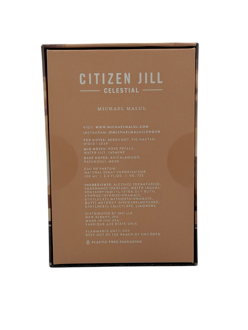 Paradime Enterprise LLC Michael Malul Citizen Jill Celestial perfume box back view with ingredients and scent notes
