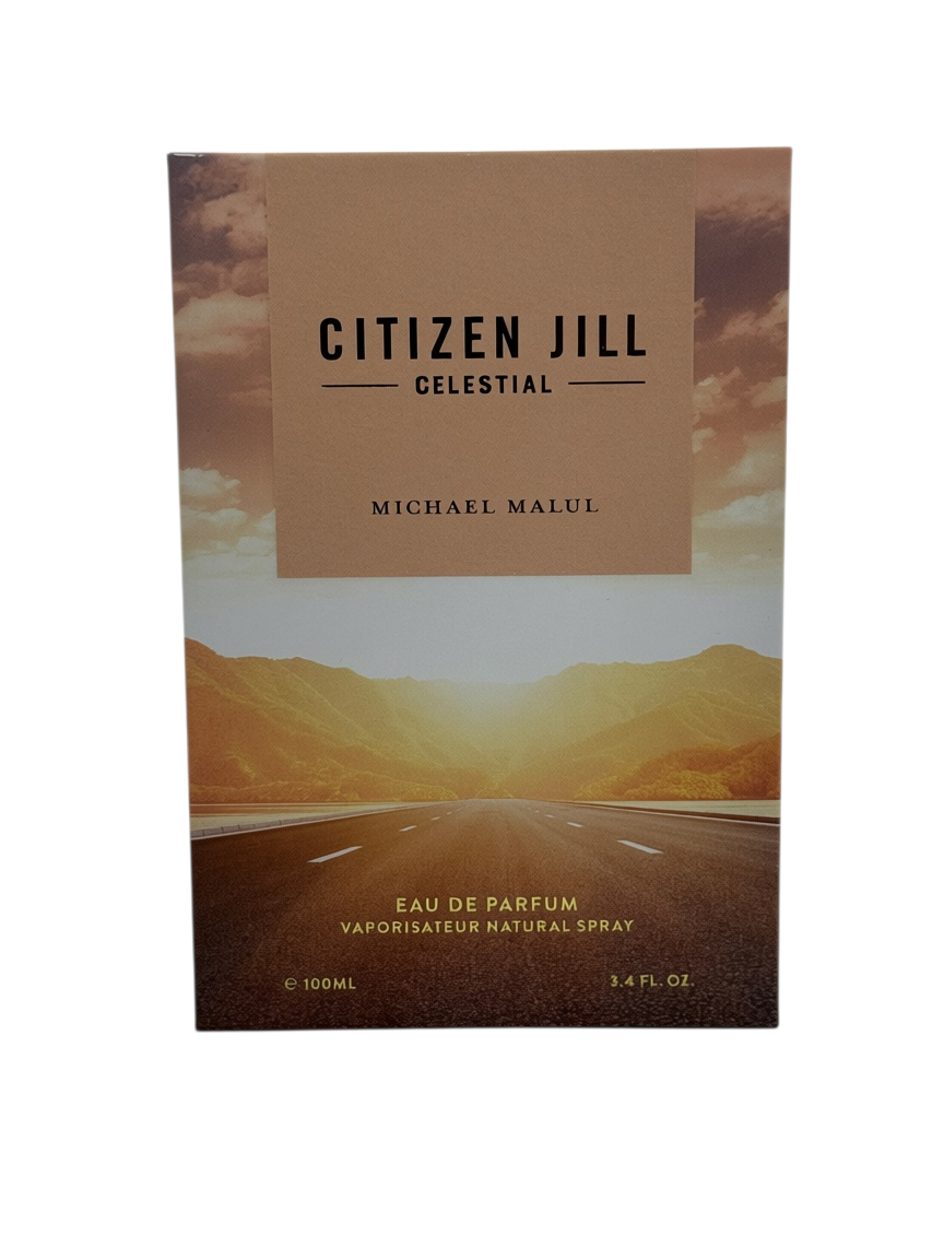 Paradime Enterprise LLC Michael Malul Citizen Jill Celestial EDP perfume box with a sunset road landscape design