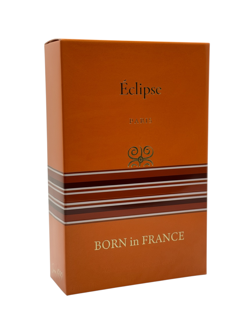 Paradime Enterprise LLC Eclipse by Born in France unisex perfume box in orange with brown and white striped accents.
