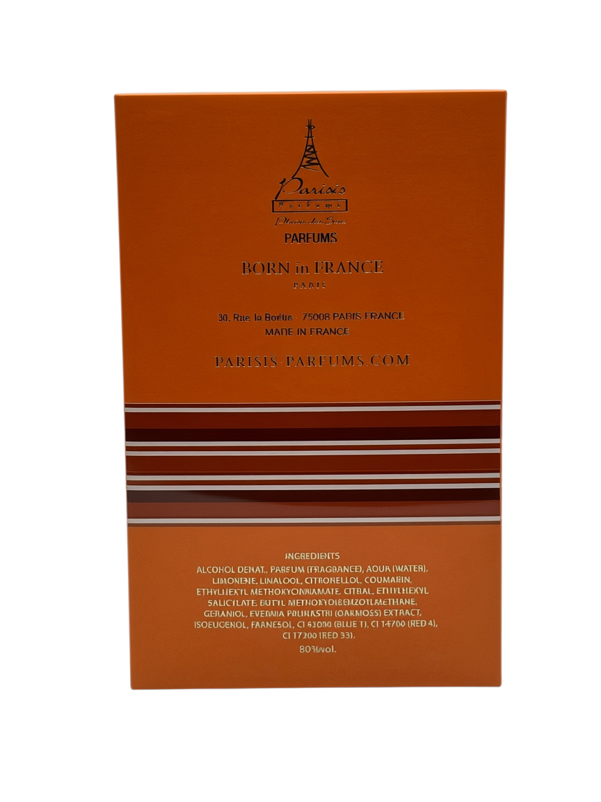 Paradime Enterprise LLC Eclipse by Born in France perfume box with orange packaging and striped design details.