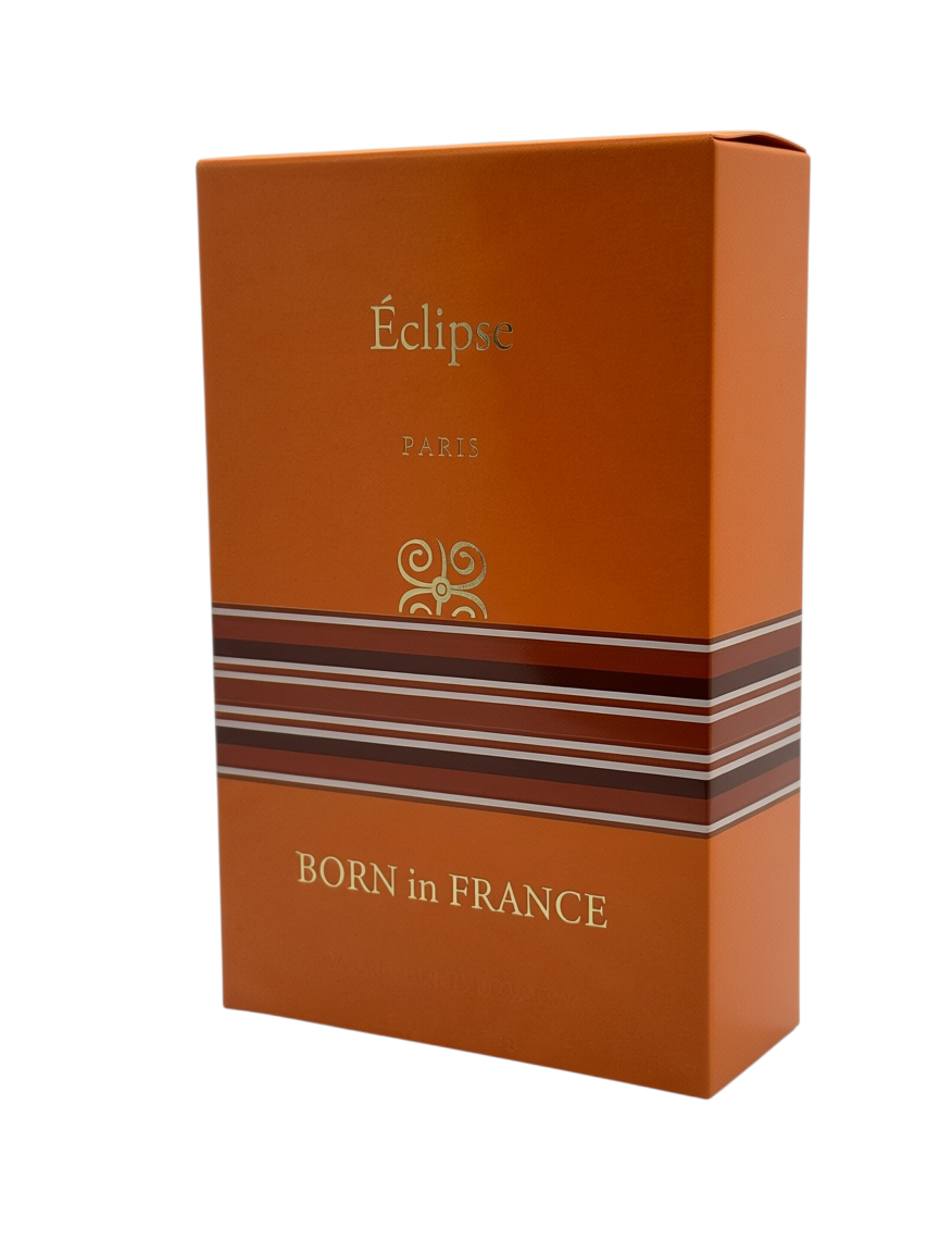 Paradime Enterprise LLC Eclipse by Born in France unisex perfume box in orange with gold text and striped detail.