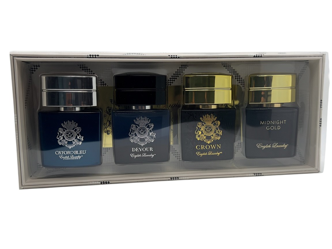 Paradime Enterprise LLC English Laundry 4-piece men's fragrance gift set featuring travel-sized cologne bottles.