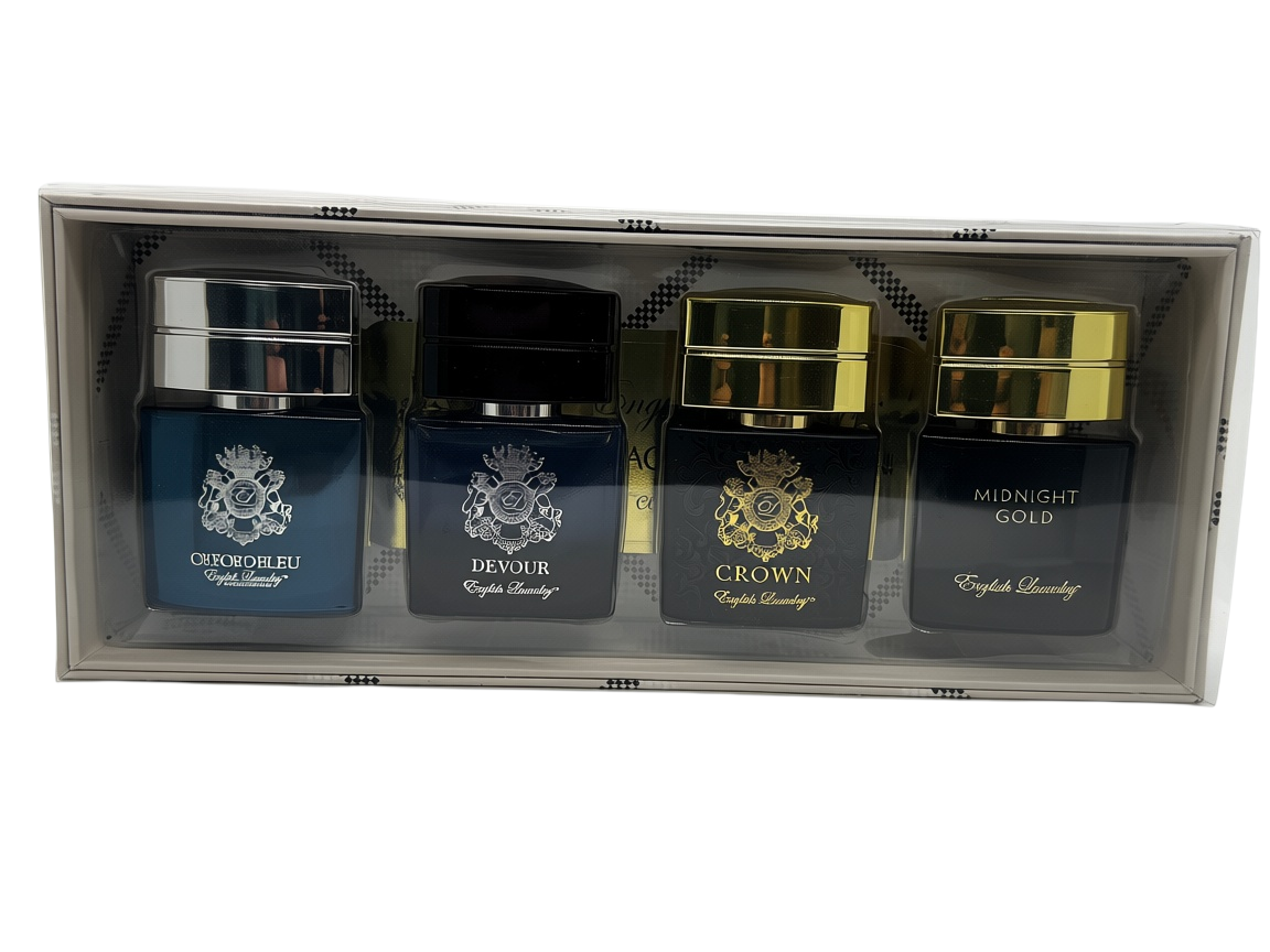 Paradime Enterprise LLC English Laundry 4-piece men's cologne gift set featuring travel-sized fragrance bottles.