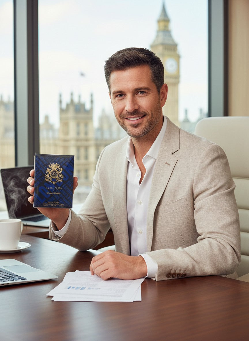 Paradime Enterprise LLC English Laundry London cologne box held by a smiling man in a suit in a London office.