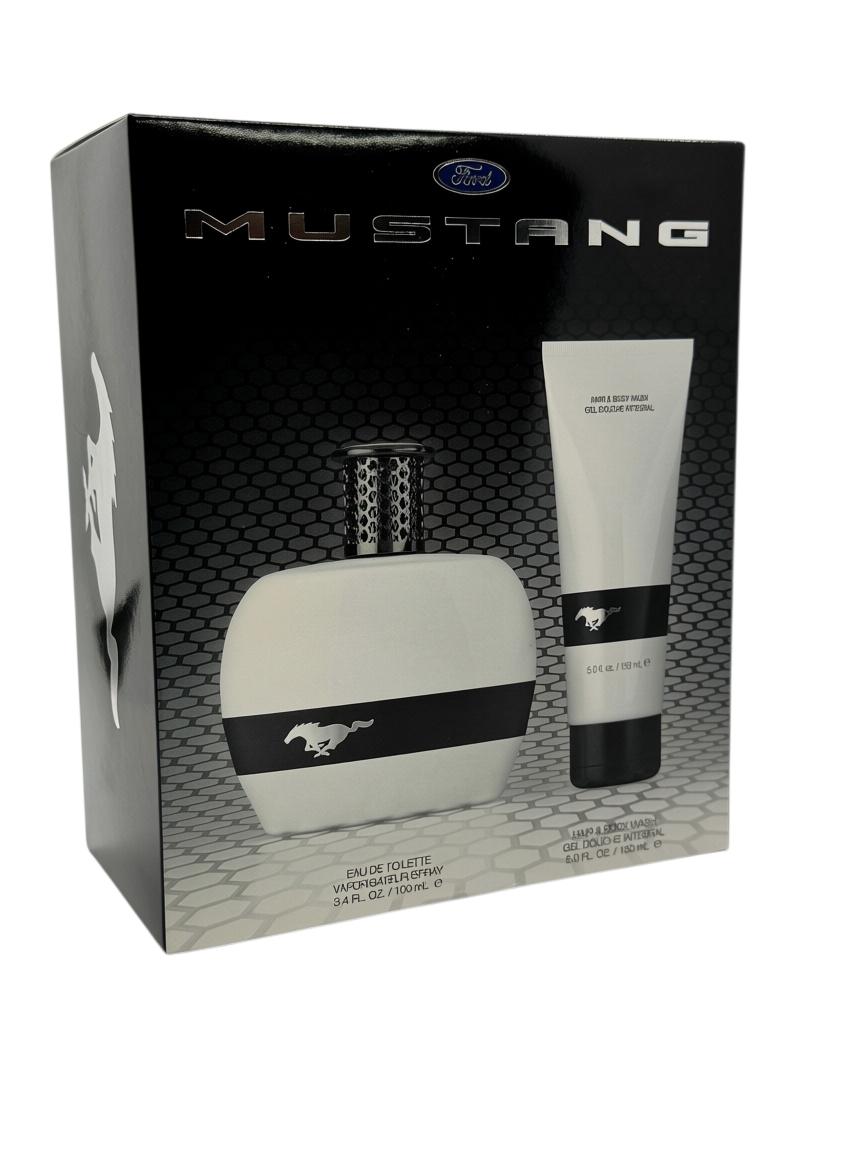 Paradime Enterprise LLC White By Ford Mustang fragrance gift set featuring an EDT bottle and hair and body wash.