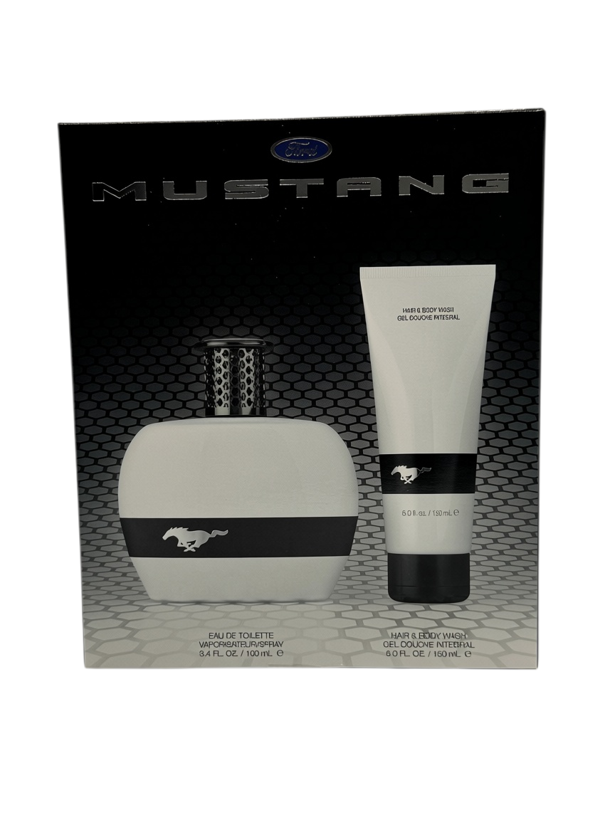 Paradime Enterprise LLC Ford Mustang White fragrance gift set featuring a 3.4oz EDT spray and 5.0oz hair and body wash.