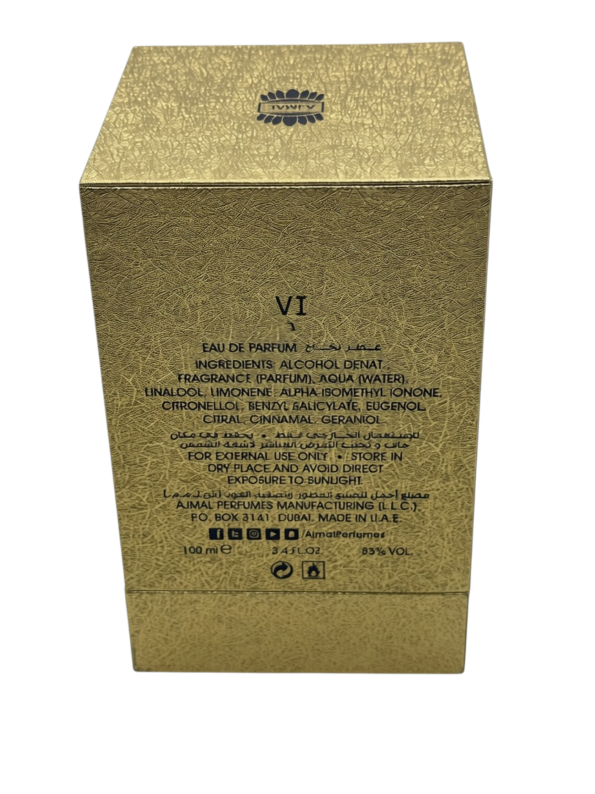 Paradime Enterprise LLC Gold Collection VI unisex eau de parfum spray box back view with ingredients list