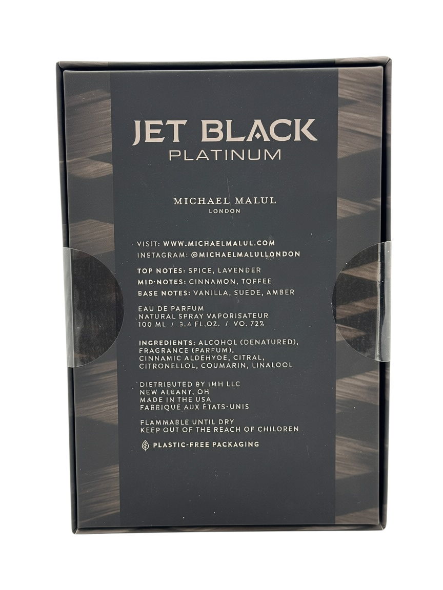 Paradime Enterprise LLC Jet Black Platinum fragrance box back label with ingredient and scent note details