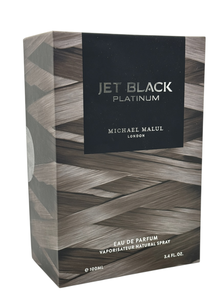 Paradime Enterprise LLC Jet Black Platinum by Michael Malul 3.4 oz eau de parfum box with abstract grey pattern