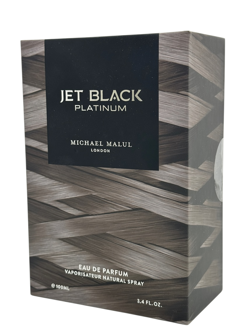 Paradime Enterprise LLC Jet Black Platinum by Michael Malul 3.4oz Eau de Parfum box with grey textured pattern
