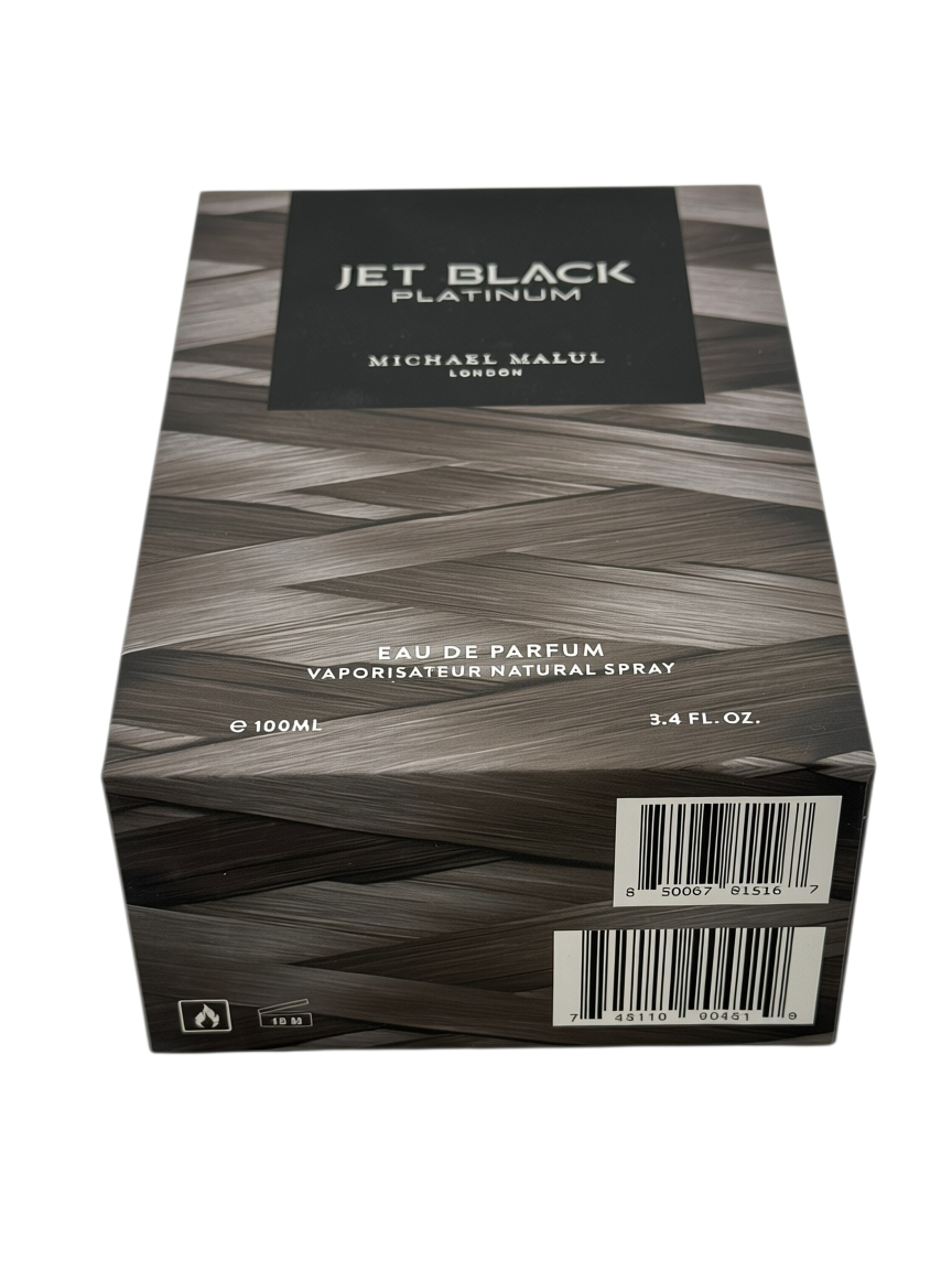 Paradime Enterprise LLC Jet Black Platinum by Michael Malul 3.4 oz eau de parfum box with black and grey textured design