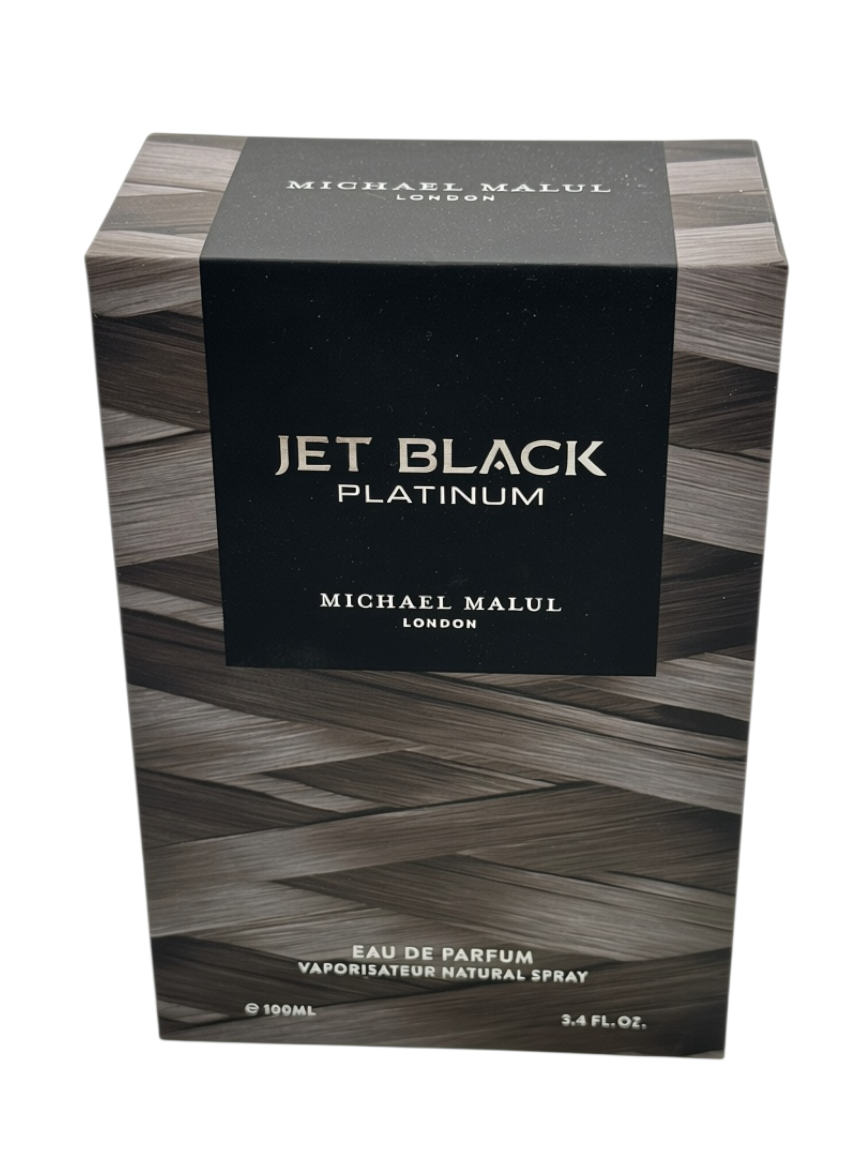 Paradime Enterprise LLC Jet Black Platinum by Michael Malul 3.4 oz eau de parfum box in black and grey wood grain
