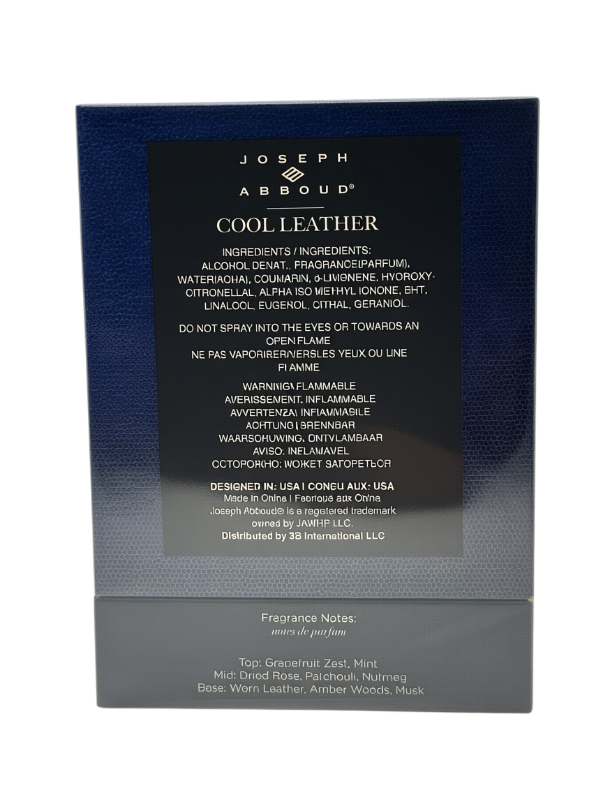 Paradime Enterprise LLC Joseph Abboud Cool Leather eau de parfum box back view with ingredient and fragrance notes