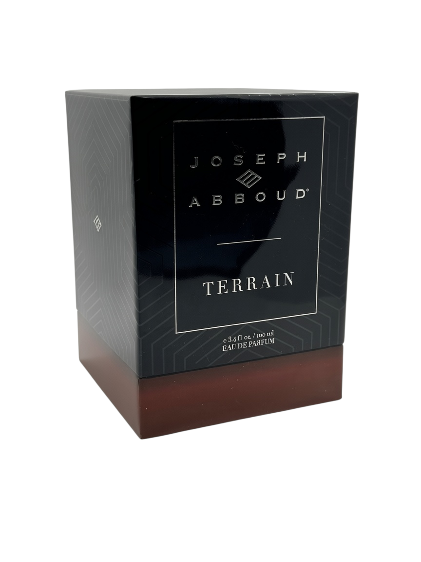 Paradime Enterprise LLC Joseph Abboud Terrain eau de parfum 3.4 oz bottle in a black and brown geometric patterned box