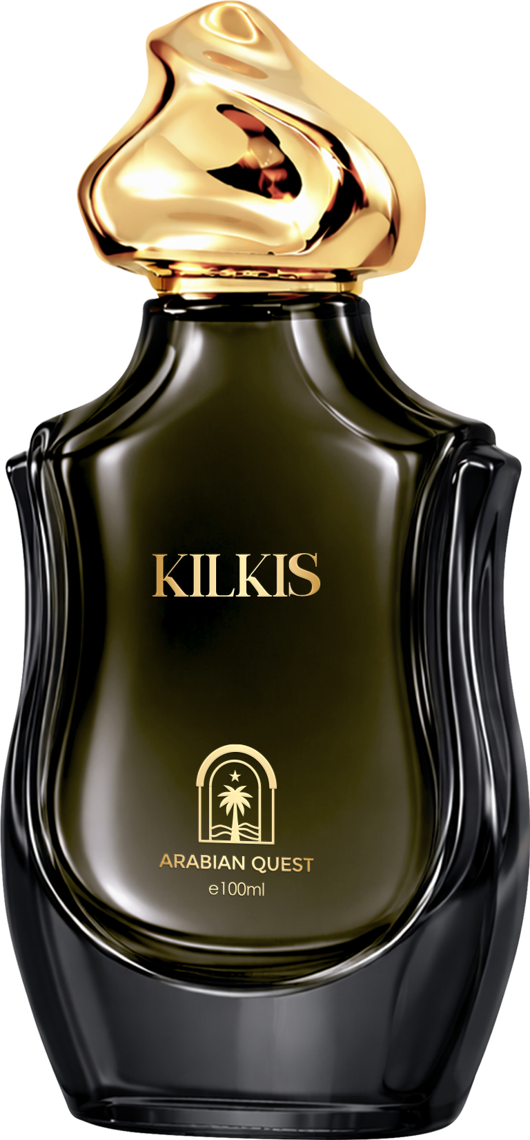 Paradime Enterprise LLC Kilkis Extrait De Parfum in a dark glass bottle with a sculptural gold cap.
