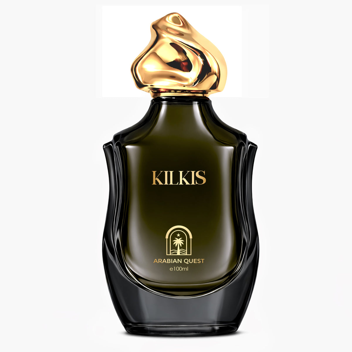 Paradime Enterprise LLC Kilkis Extrait de Parfum in a dark glass bottle with a sculptural gold cap.