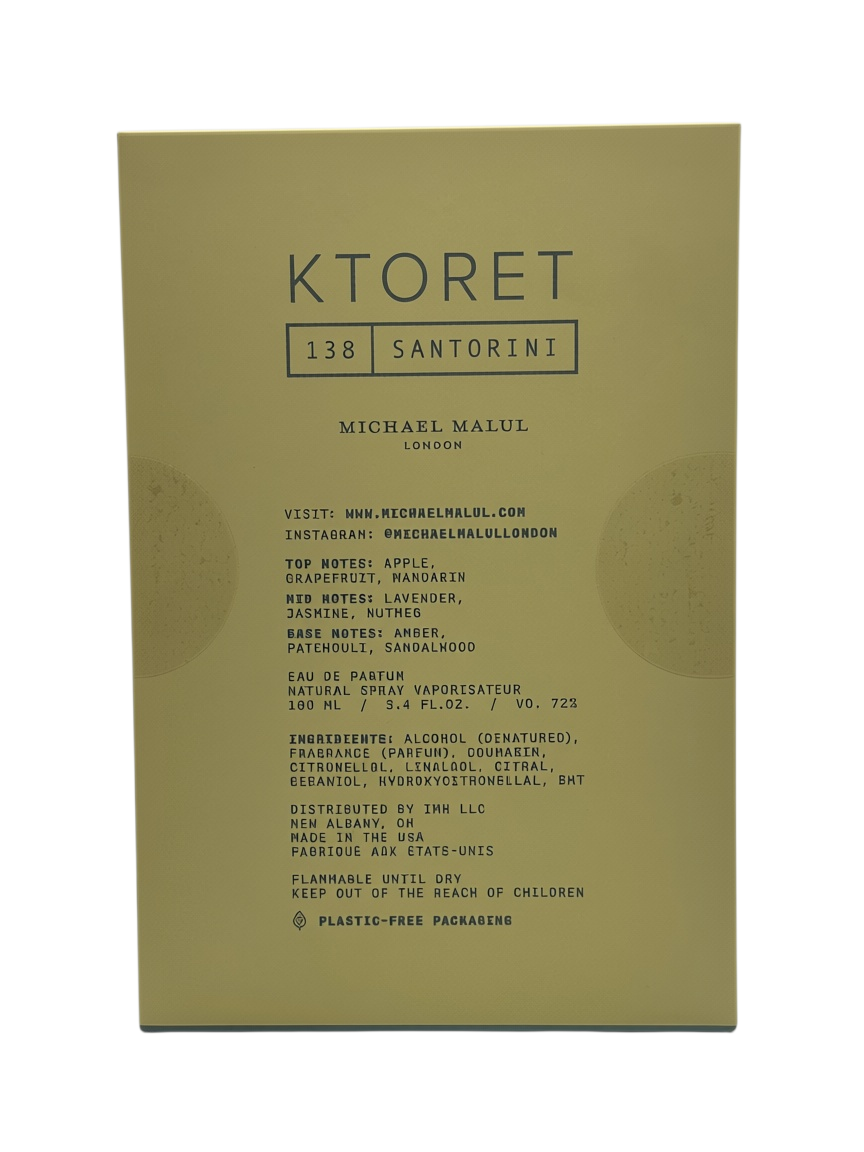 Paradime Enterprise LLC Michael Malul Ktoret 138 Santorini fragrance box with aromatic notes listed on olive green