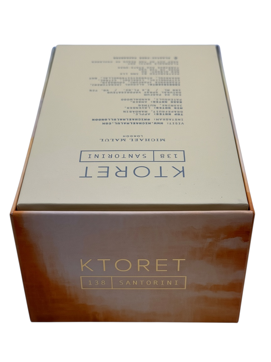 Paradime Enterprise LLC Michael Malul Ktoret 138 Santorini men's fragrance box with gold lettering on a tan background.