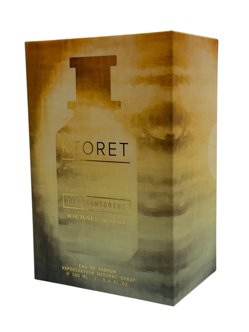 Paradime Enterprise LLC Michael Malul Ktoret 138 Santorini men's eau de parfum spray in a gold and green gradient box.