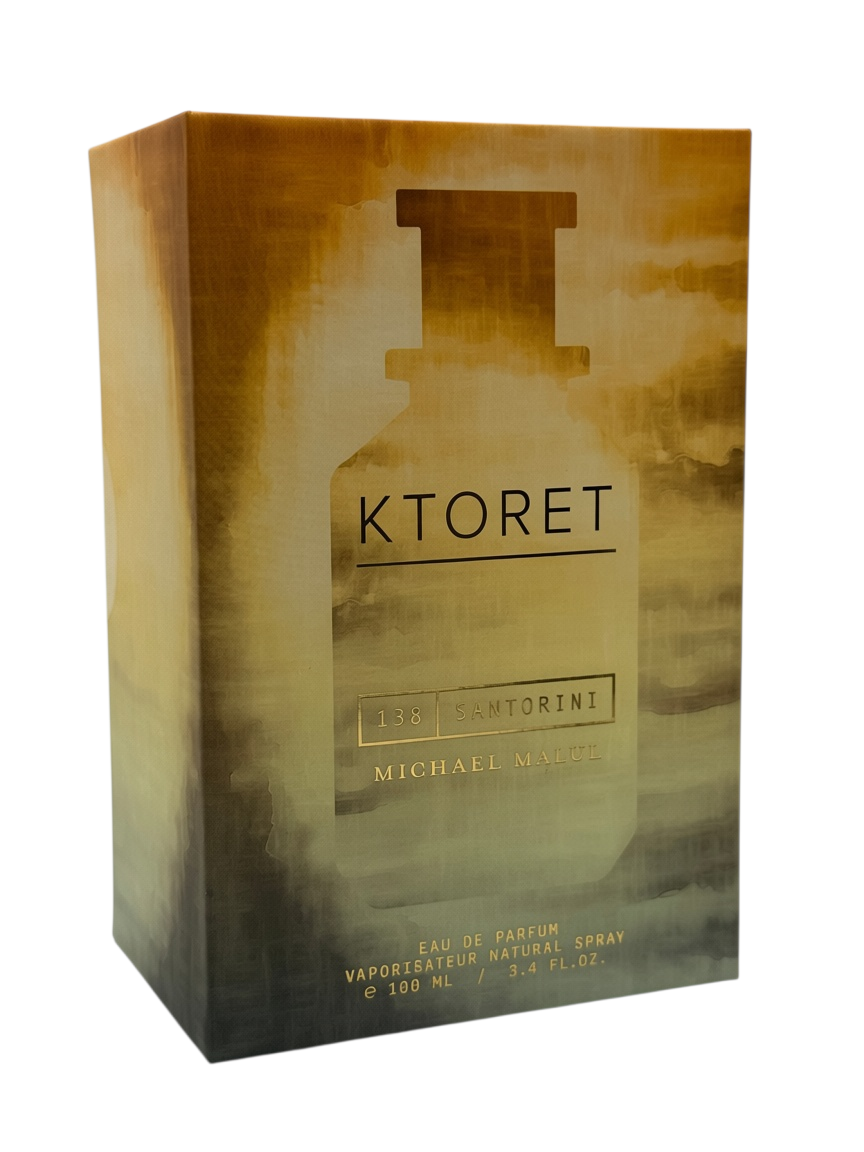 Paradime Enterprise LLC Michael Malul Ktoret 138 Santorini eau de parfum spray box with golden sunset watercolor design