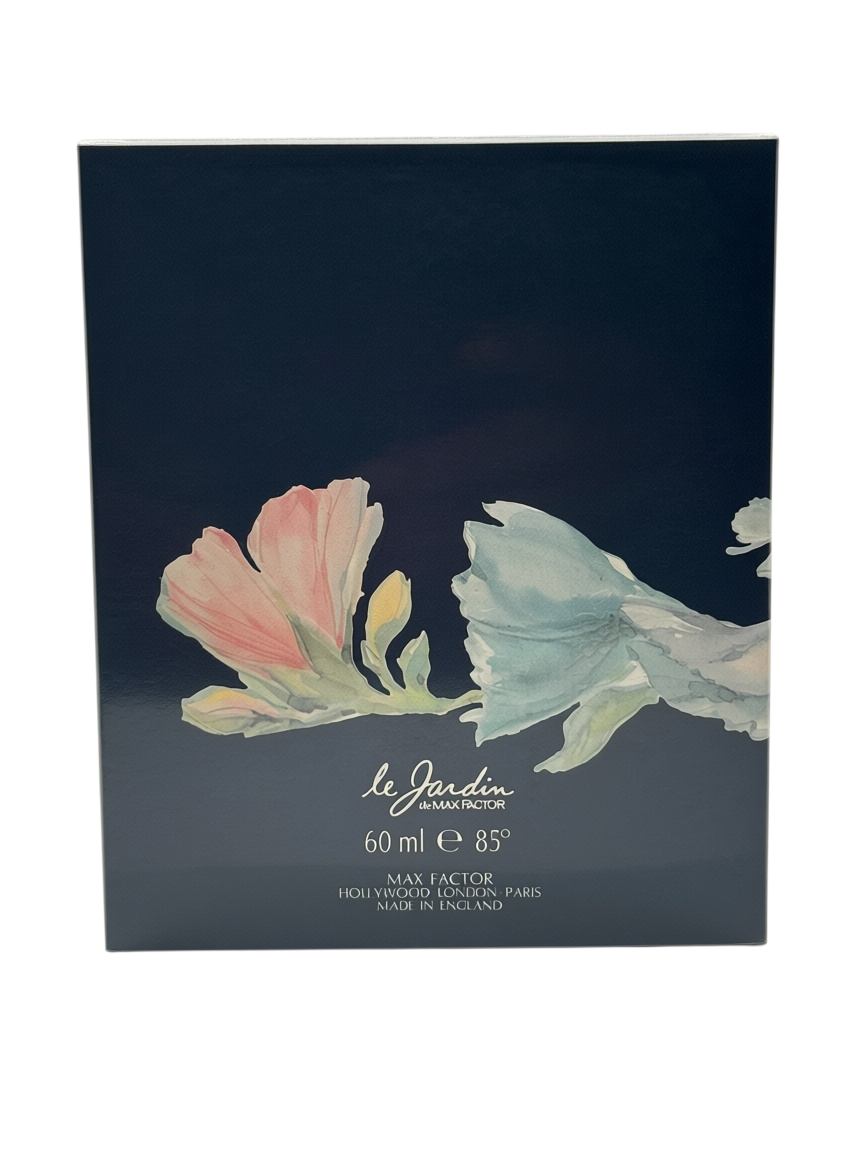 Paradime Enterprise LLC vintage Le Jardin de Max Factor 60ml EDT perfume box with floral watercolor illustration