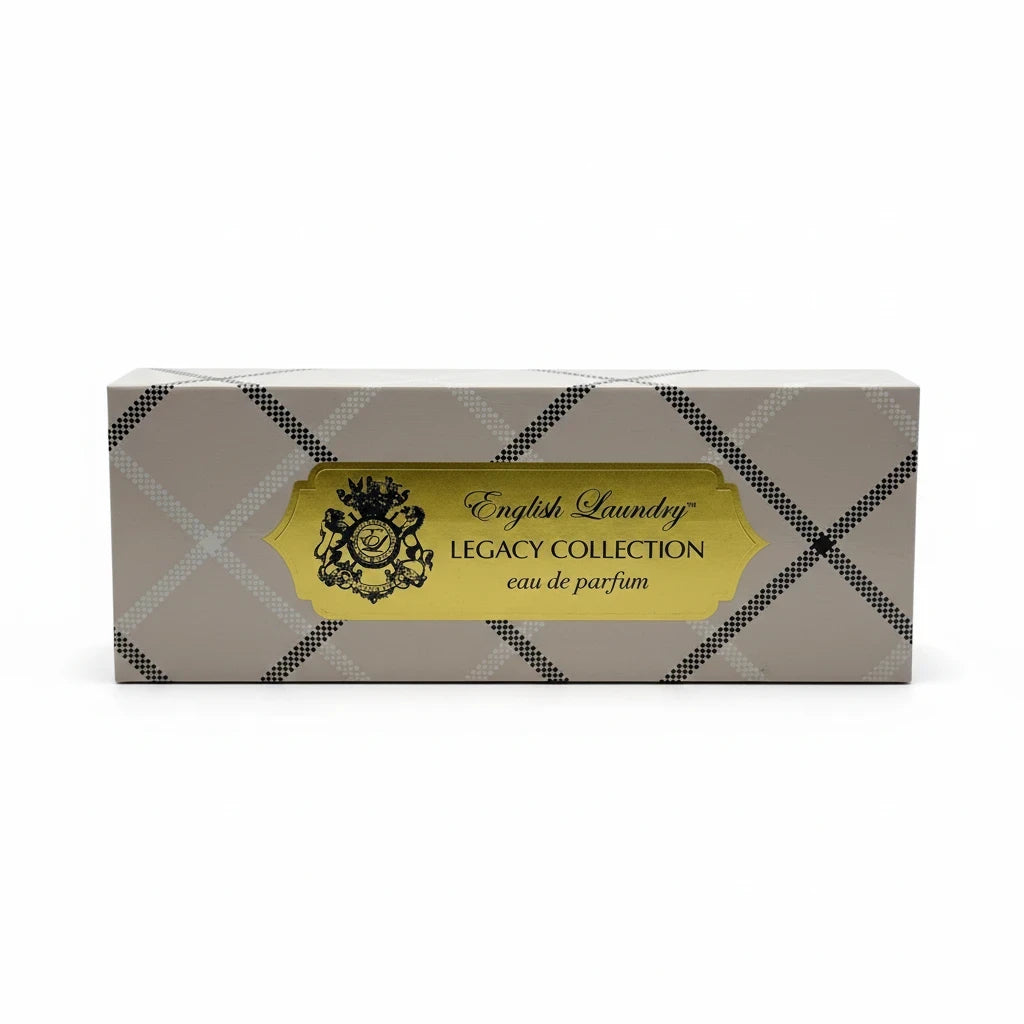 Paradime Enterprise LLC English Laundry Legacy Collection fragrance gift set box with a beige plaid pattern