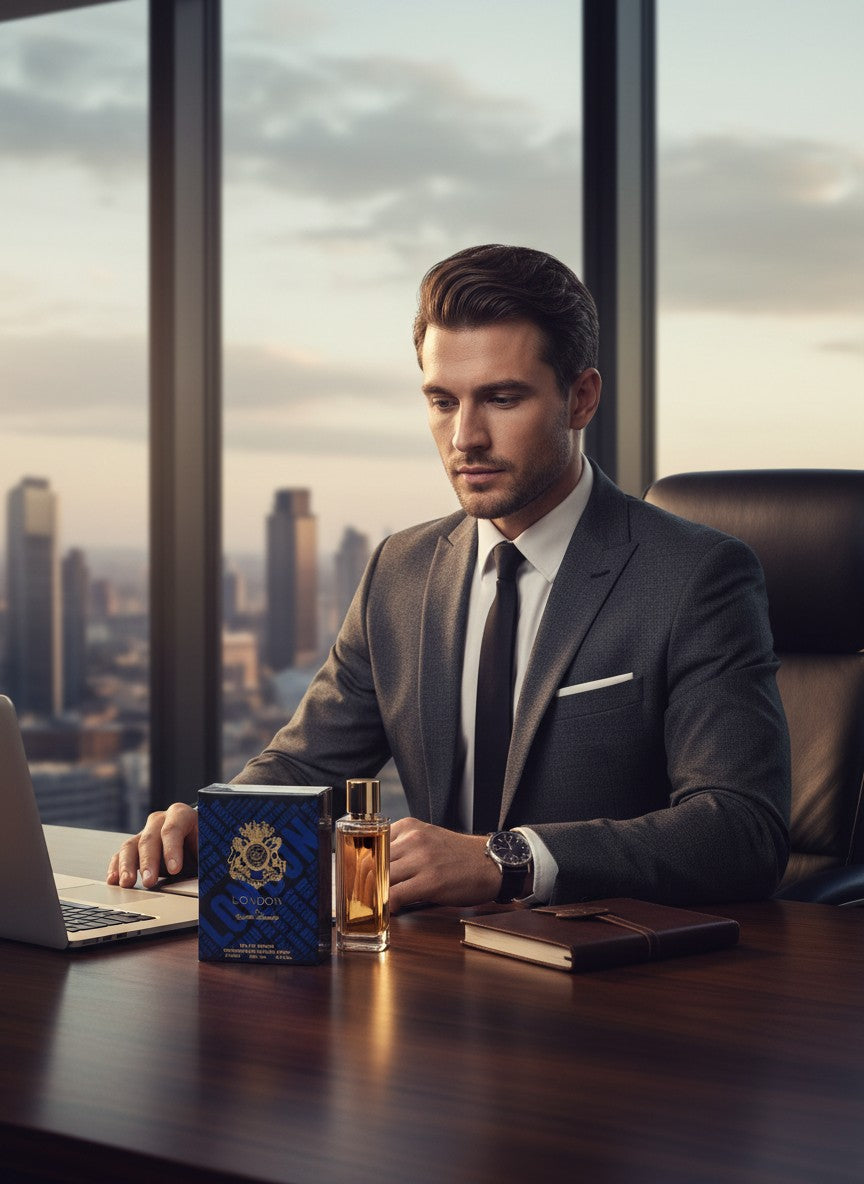 Paradime Enterprise LLC English Laundry London cologne bottle and box on a desk with a professional man in a suit