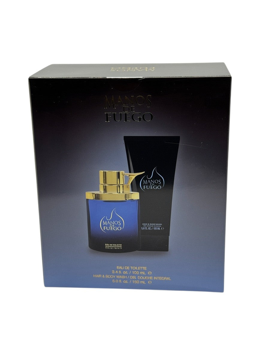 Paradime Enterprise LLC Macho Man by Manos de Fuego 2-piece gift set featuring a blue cologne bottle and hair body wash
