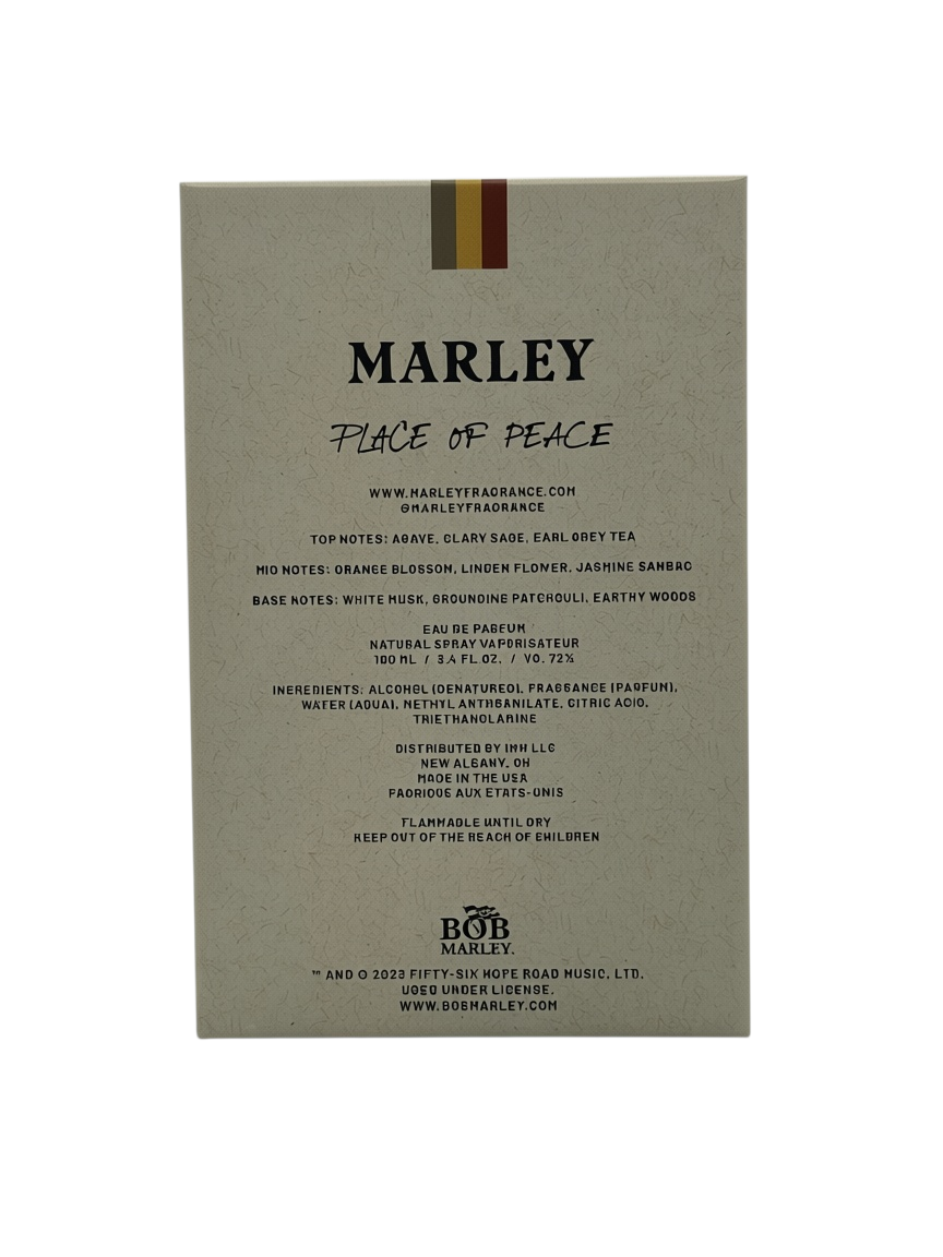 Paradime Enterprise LLC Marley Place of Peace unisex eau de parfum 3.4 oz spray bottle packaging back view