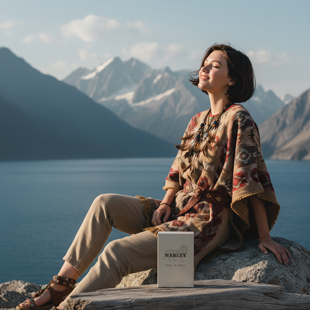 Paradime Enterprise LLC Marley Place of Peace unisex perfume bottle displayed by a woman in a serene mountain landscape.